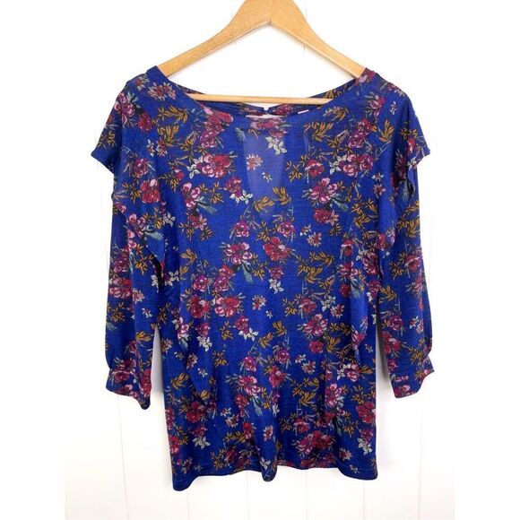 Free People Dock Street Top Blue Floral Ruffle Long Sleeve Size M - Picture 4 of 12